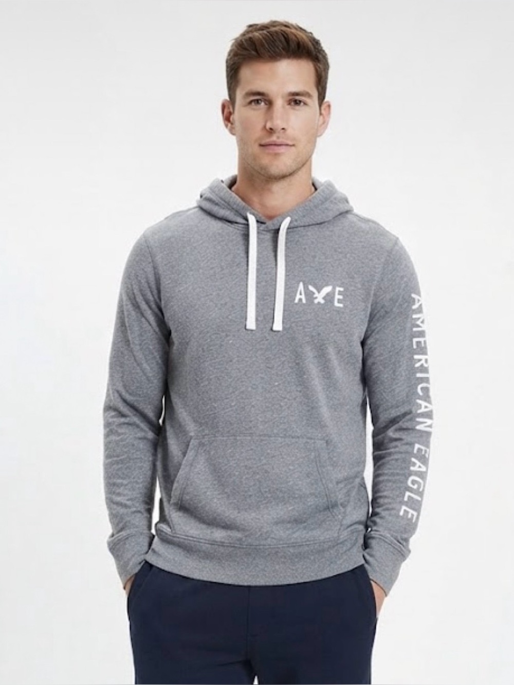 American Eagle Outfitters Men's Heather Gray Pullover Hoodie with White Logo